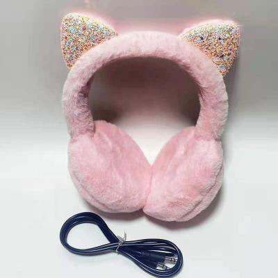 China Cute Shiny Earphone Cat Ear Shape 2 In 1 Winter Plush Earmuff Earphone for sale