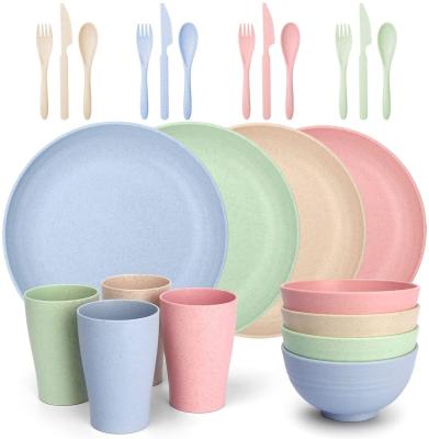 China 24 Pcs Dinner Set Wheat Straw Cutlery Cups Plate Bowl Unbreakable Eco Friendly Sustainable Camping Tableware Sets for sale