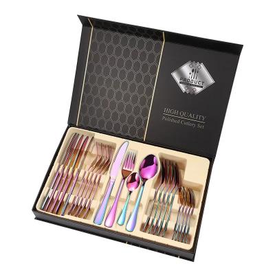 China Viable Wedding 24 PCS Stainless Steel Cutlery Sets With Box Gold Color Party 18/10 Metal Cutlery Gift Box Wholesale for sale