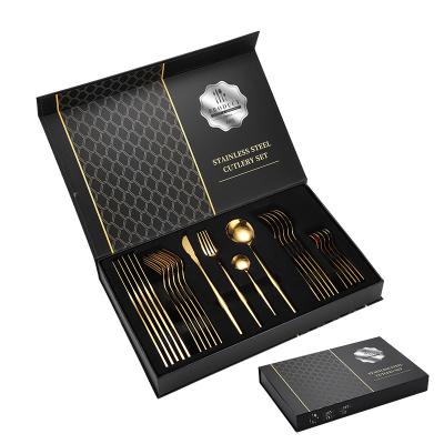 China Sustainable Knife Spoon Fork Set Black Gold Flatware 24PCS Stainless Steel Flatware Sets Cutery Set for sale