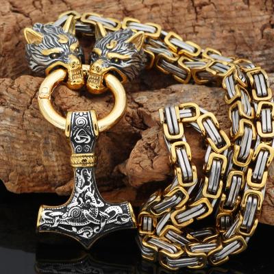 China Men's Stainless Steel Necklace FASHIONABLE Nordic Wolf Cultivation Thor's Main Square Chain Wolf Hammer for sale