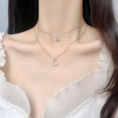 China FASHIONABLE S925 Sterling Silver Double Star Moon Diamond Necklaces Lovers Pendant Chains for sale