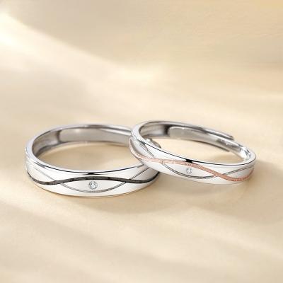 China Pattern S925 Sterling Silver Couple Ring Women simple romantic fashion water ripple fish and line adjustable rings men's jewelry for sale