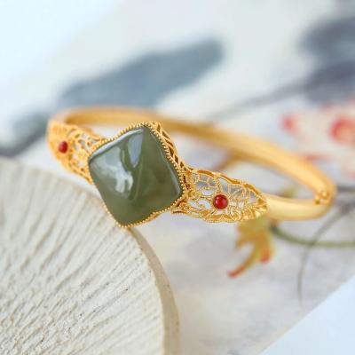 China Open Green Jade Vintage Simple Retro Elegant Lady's Gold Plating Bangle Bracelet for sale