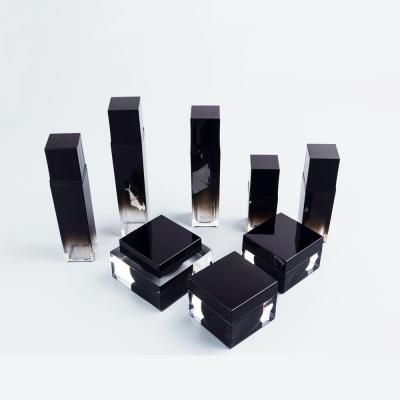 China Black Square Cosmetic Acrylic Airless Pump 15ml30ml50ml Gradient Bottle And Cream Jars Set for sale