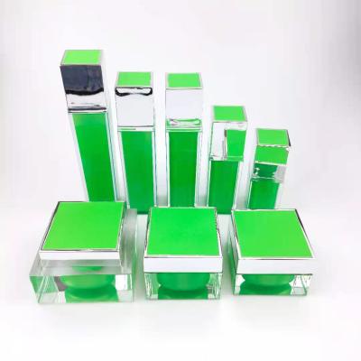 China Square Green Cosmetic Luxury Acrylic Plastic Skin Care Packaging Airless Bottle And Cream Jars Sets for sale