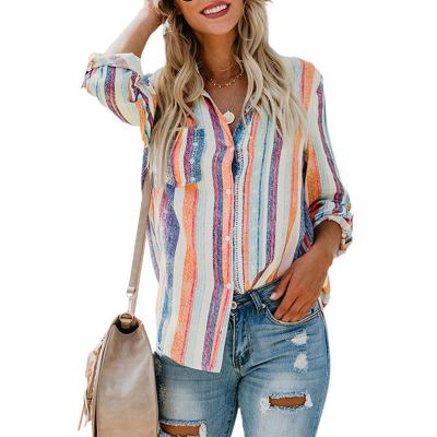 China Fashion Breathable Wholesale Ladies Casual Long Sleeve Button Up Blouse Women Stripe Top Shirts for sale