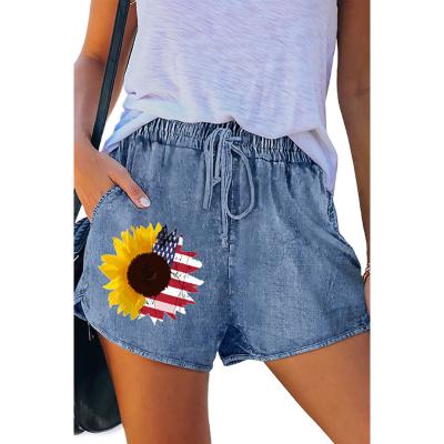 China Breathable Summer Drawstring Casual Denim Shorts American Flag Shorts Women Sky Blue American Flag Shorts for sale