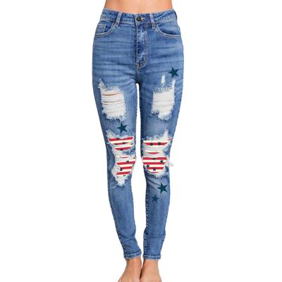 China Hot Selling Cheap Breathable Hot Waist Sexy Skinny Girls High Ripped Heavily Ripped Jeans Womens American Flag Jeans for sale