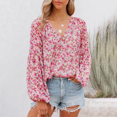 China New Arrivals Anti-pilling V-Neck Long Sleeve Top Women Tops Blouse Fashionable Chiffon Floral Ladies Tops Blouse for sale