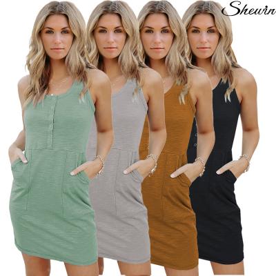 China New Arrivals Breathable Button Pockets Square Collar Women's Casual Sleeveless Summer Bodycon Mini Dress for sale