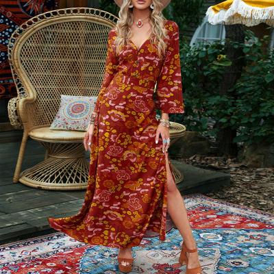 China High Quality Anti-Static Women's Buttons Sexy V-Neck Sleeve Elegant Bohemian Floral Maxi Dress Summer Dress Long for sale