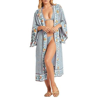 China Wholesale Floral Print Summer Loose Swimsuit Breathable Cover Up Long Robe Beach Wear Kimono Beach Cover Up for sale