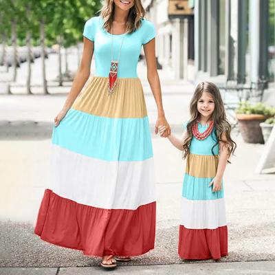 China Fashion 2022 Women Girls Maxi Dress Hort Sleeve Color Block Breathable Mother Daughter Matching Dress for sale