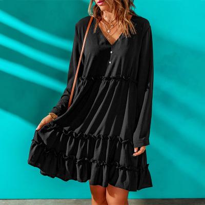 China Tiered Sleeve Ruched Mini Dress Loose Fit Black Mini Dress Women V Neckline Breathable Hot Sale Long for sale