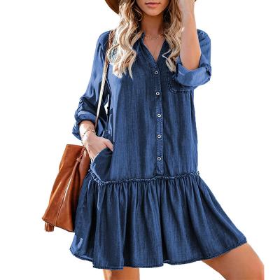 China Breathable Custom Pocketed Ruffled Jeans Dresses Casual Women Long Sleeve Mini Denim Dress Women Shirt for sale