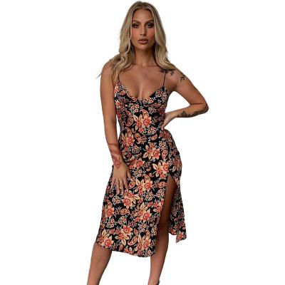 China Breathable Fashion Midi Dresses Women Summer Elegant Casual Deep V-Neck Floral Short Dress for sale