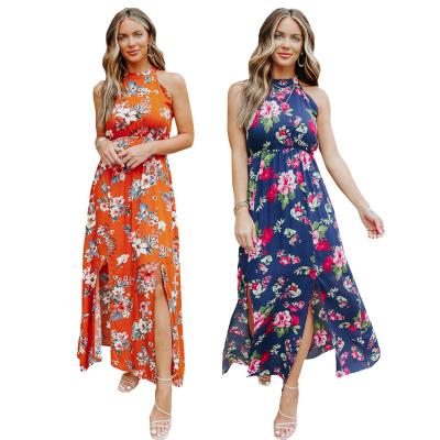 China Fashion Summer Breathable Chiffon Dress Halter Neck Floral Print Boho Sleeveless Dress for sale