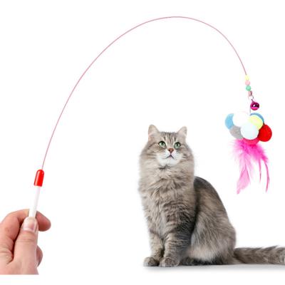 China High Quality Viable Feather Steel Wire Cat Toy Teaser Stick with Ball and Bell for sale