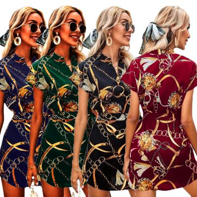 China 2022 Summer Style Women Lady Lady Dress V-neck Short Sleeve Anti-static Print Shirt Dress Elegant Casual Anti-Static Chain Dress for sale