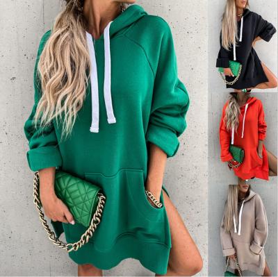 China wholesale Anti-Wrinkle Anti-Wrinkle Vintage Solid Color Winter Women Hoodies Dress Ladies Oversized Fleece Long Sleeve Pullover Hoodies Dress Sweatshirt for sale