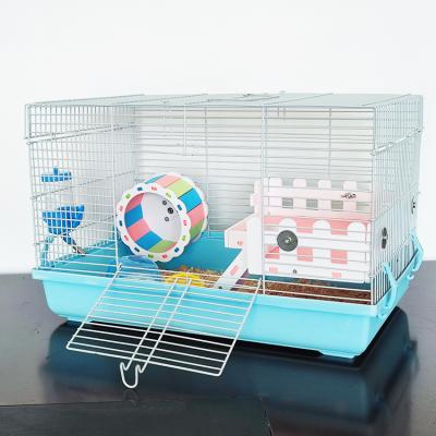 China Hot sale viable luxury castle guinea pig house 47cm plastic iron wire with running wheel food hamster cage for sale