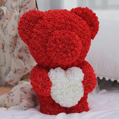 China Romantic Flowers PE Rose Standing Bear With Sitting Heart Soap Flower Teddy Bear For Christmas Gift for sale