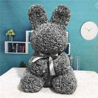 China New Natural Touch Best Selling 40cm Artificial Flower Handmade Foam Teddy Bear Gray Rose Rabbit for sale