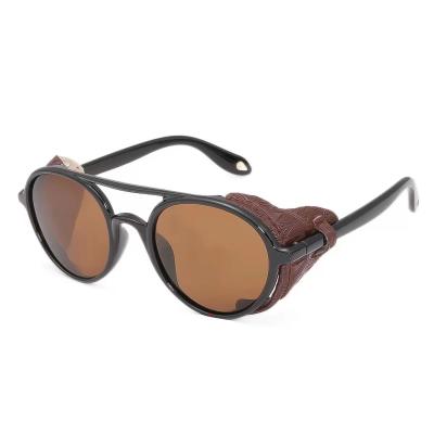 China New high quality stylish round frame sunglasses, retro personality steampunk sunglasses, leather sharpening men and women for sale