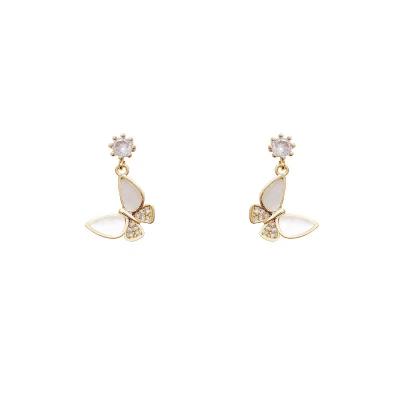 China TRENDY 925 small style silver soft butterfly stiletto earrings. Three-dimensional diamond shell earrings for sale