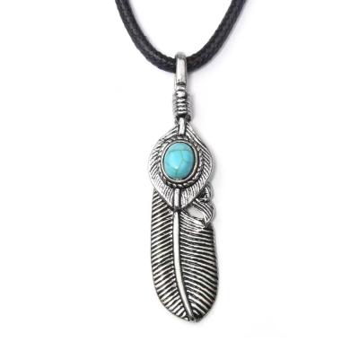 China Retro Trend Soft Smooth Men's Personality Amazon Feeling All-match Feather Turquoise Feather Rope Leather Necklace for sale