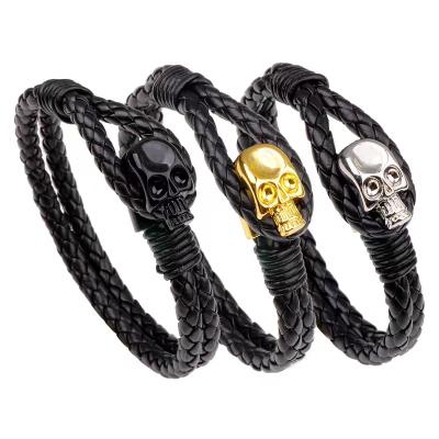 China Buckle cowhide bracelet of the European and American personality bracelet alloy soft feeling skull men's woven head real leather for sale