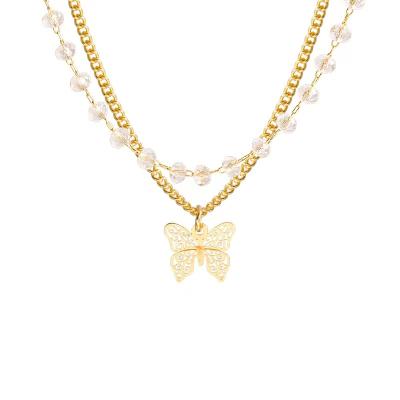 China Small Butterfly Double-Layer Trend Durable Korean Crystal Steel Titanium Necklace.ins Simple Clavicle Chain for sale