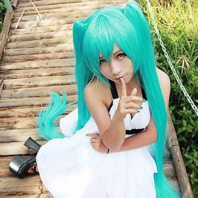 China Long silky straight wave synthetic cosplay wig with 2 ponytails miku cosplay wig for sale