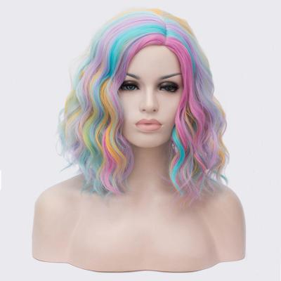 China Rainbow Colored Regular Synthetic Anime Wave Cosplay Wig for sale