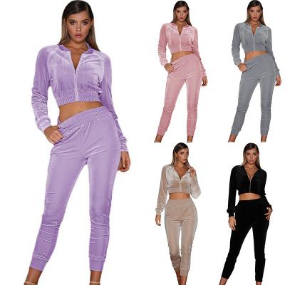 China PDEP QUICK DRY drop shipping elegant pink velor velor zipper tracksuit ladies casual sweatsuit 2 pieces pant set for sale