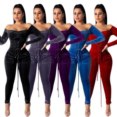 China PDEP QUICK DRY Hot Sale Women's Strapless Velvet One Piece Long Sleeve Jumpsuit Casual Ladies Lace Up Pocket Overalls for sale