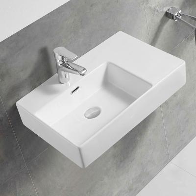 China Hand Shelf Design One Piece Rectangular White Bathroom Ceramic Wall Hung Basin For Sale for sale