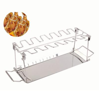 China Easily Cleaned BBQ Tools 14 Slot Metal Beef Chicken Leg Wing Grill Rack Folding Roasted Barbecue Grill Drumsticks Rack With Pan for sale