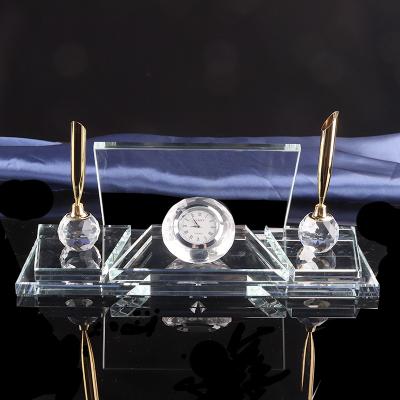 China Europe customized office stationery crystal pen holder with three-piece clock set for sale