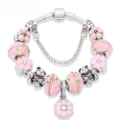 China Fashion new charm bracelet DIY pink antique silver alloy bear beaded bracelet ladies child bracelet for sale