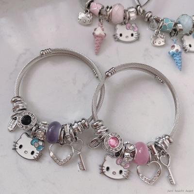 China Fashion Crystal Hello Kitty Pendant Charm Bracelet Personality Girl Gift Jewelry Bangle Female Stainless Steel Bracelet for sale