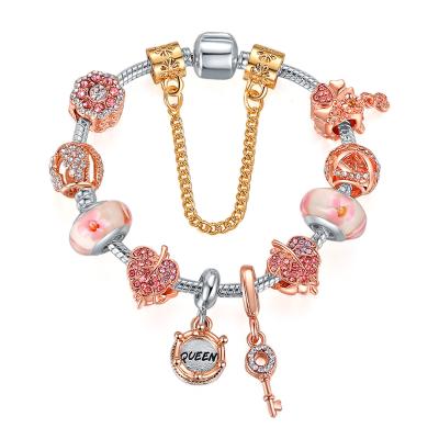 China Fashion Rose Gold Pink Dazzling Flower Beads Bracelet Feminine Queen Beaded Jewelry Valentine Gift Bangle Bracelet for sale