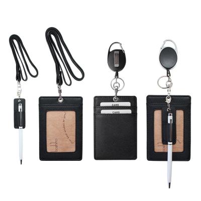 China RFID Blocking Protects 2022 Wholesale Custom PU Name ID Card Fashionable Leather Badge Holder With Ribbon Lanyard for sale