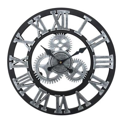 China Large Antique Industrial Steampunk Home Decoration Vintage Rustic Style 3D Roman Numerals Gear Wooden Wall Clock for sale