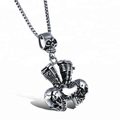 China Newest Design Stainless Steel MECYLIFE Silver Skull Necklace Stainless Steel Skull Triple Head Pendant Necklace for sale