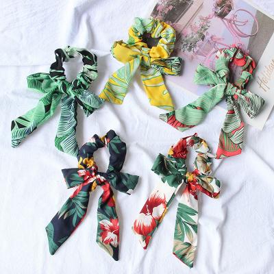 China Popular Fresh Soft Ribbon Bow Scrunchies Hair Ties 5 Colors Large Floral Silk Hair Scrunchies for sale