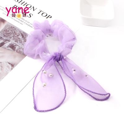 China Pretty Sheer Color Knotted Hair Bands Cute Bunny Ears Rubber Scrunchy Backing For Girls Bead Organza Hair Scrunchies for sale