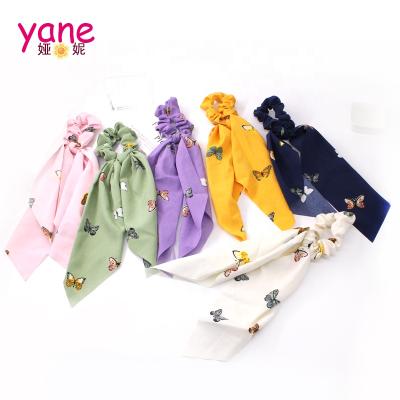 China Fashionable New Butterfly Pattern Tie Hair Scrunchies Ponytail Hair Scrunchies Solid Color Long Scrunchy Scarf for sale