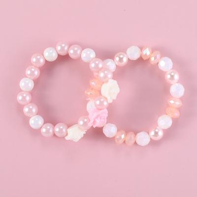 China Children Jewelry Set Girls High Shiny Polished Rose Pearl Bracelets Pink Jewelry Sets for sale